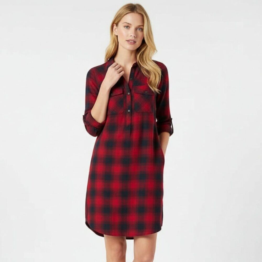 J Crew Red & Blue Plaid Gingham Checker Long Sleeve Shirt Dress NEW XS